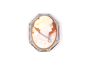 23952 - SOLD - Gold Platinum Diamond Shell Cameo Pin Pendant