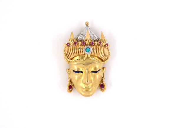 23984 - SOLD - Circa 1950s Gold Diamond Ruby Turquoise Enamel Mask Pin