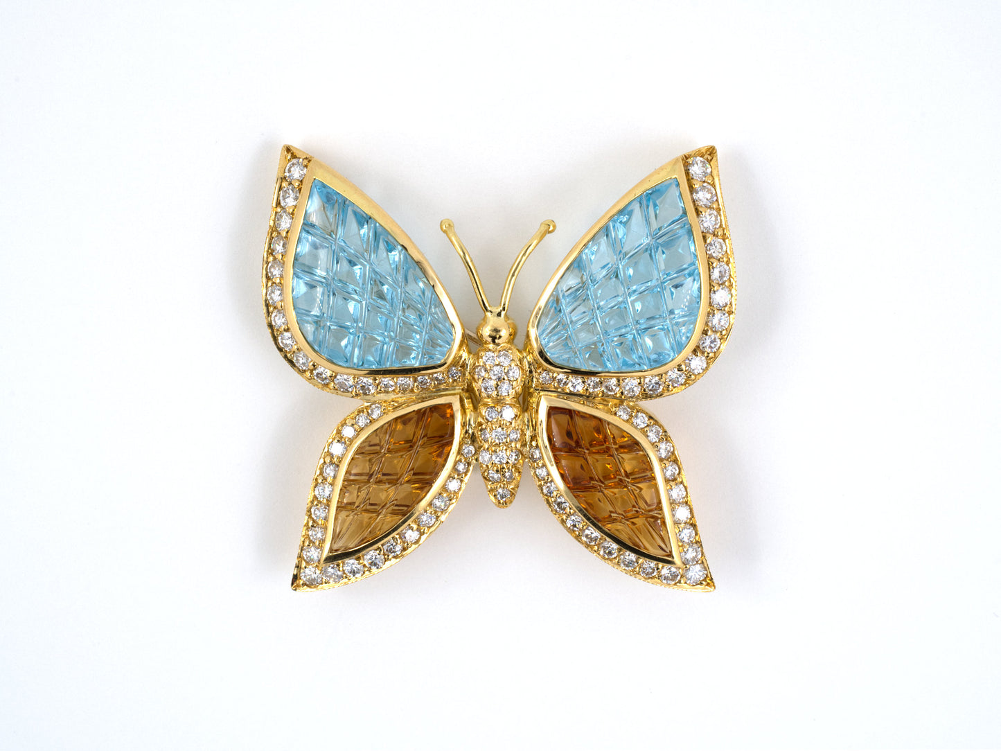 23994 - SOLD - Gold Blue Topaz Citrine Diamond Butterfly Pin