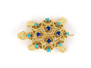 23996 - SOLD - Honora Gold Turquoise Lapis Diamond Turtle Pin