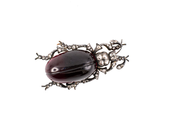 24006 - Victorian Circa 1875 Silver Gold Garnet Diamond Ruby Beetle Pin Pendant