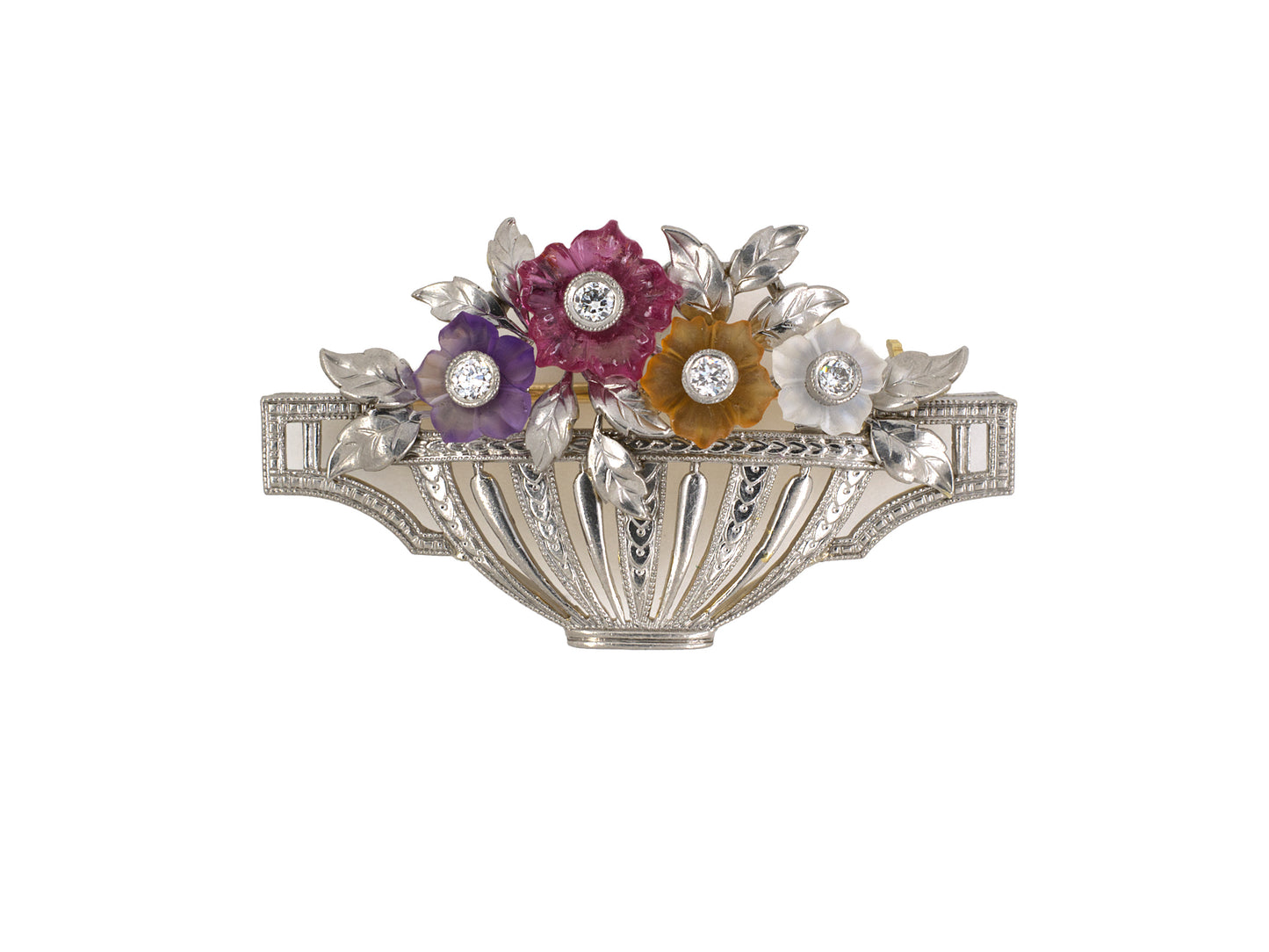 24062 - Art Deco Krementz Platinum Gold Diamond Amethyst Citrine Tourmaline Moonstone Tutti Frutti Floral Basket Pin