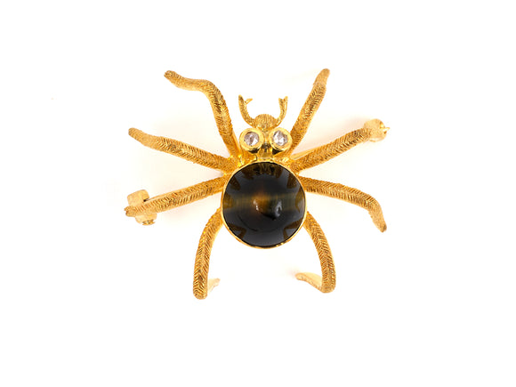 24100 - SOLD - Victorian Gold Rose Diamond Quartz Cat's Eye Spider Pin