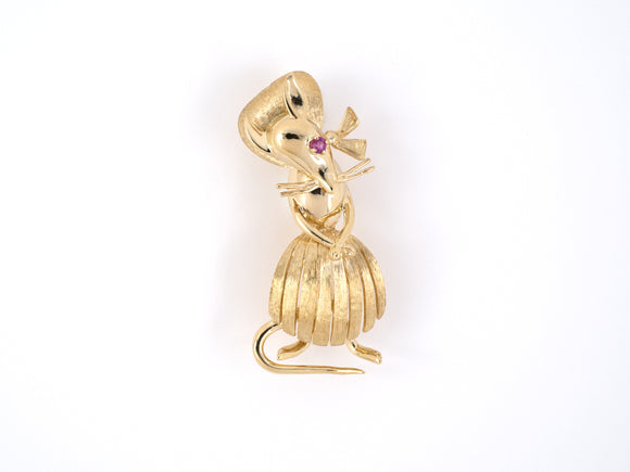 24128 - Circa 1970 Gold Ruby Mouse In Dress and Bonnet Pin