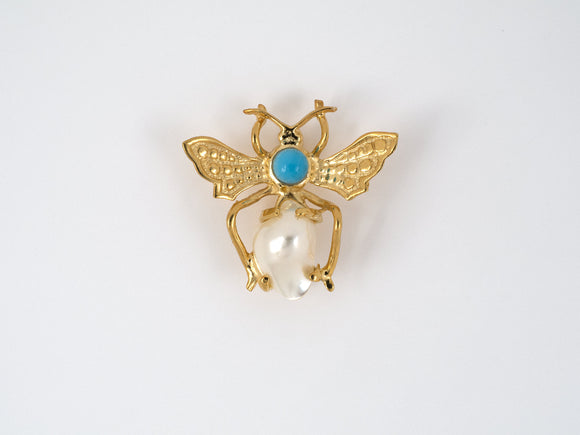 24172 - SOLD - Gold Turquoise Baroque Pearl Fly Pin