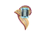 24179 - Retro French Platinum Gold Aqua Ruby Diamond Leaf Clip Pin