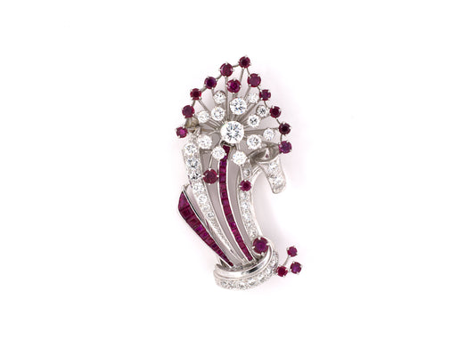 24193 - Circa 1946 Oscar Heyman Platinum Diamond Ruby Spray Clip Pin