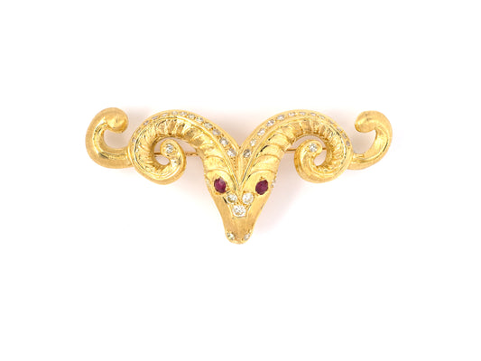24197 - SOLD - Lalaounis Greece Gold Diamond Ruby Carved Ram's Head Pin