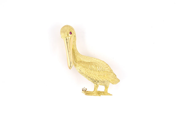 24203 - SOLD - Circa 1980S Gold Diamond Ruby Carved Pelican Pin
