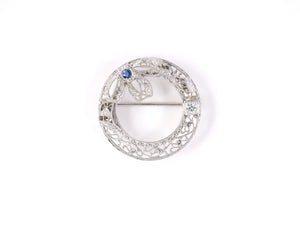 24204 - SOLD - Art Deco Platinum Gold Diamond Sapphire Circle Wreath Pin