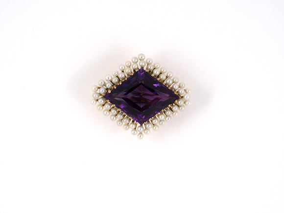 24206 - SOLD - Victorian Gold Amethyst Pearl Lozenge Shaped Pin