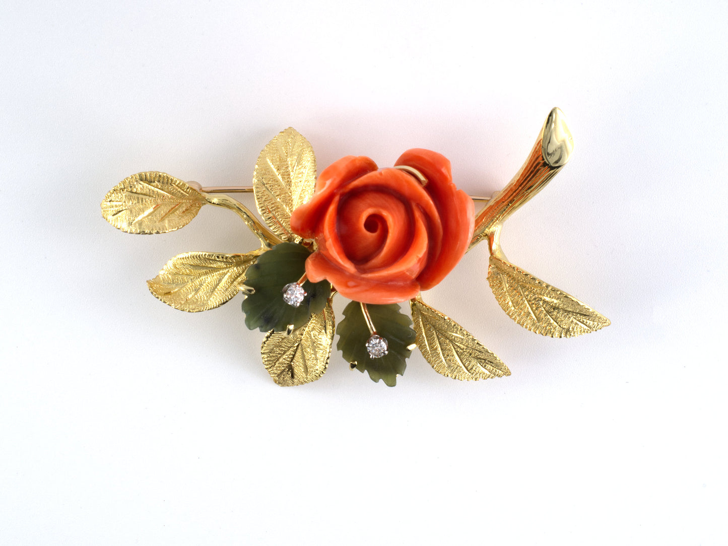 24208                - Circa 1970  'Cellino" Platinum Gold Coral Nephrite Jade Rose Flower Pin