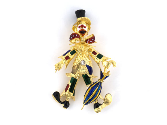 24212 - Circa 1970s White and Yellow Gold Diamond Red Blue White Green Black Enamel Italian Clown Scarecrow Pin