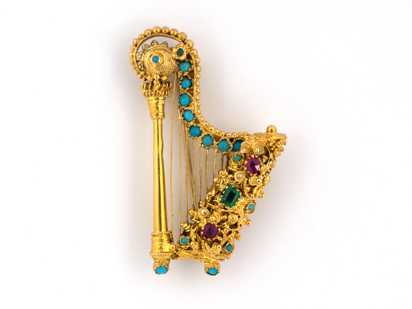 24215 - SOLD - Circa 1950s Gold Emerald Ruby Turquoise Harp Locket Pin