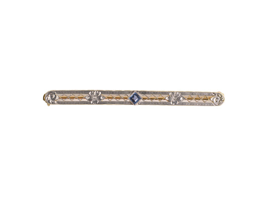 24216 - SOLD - Edwardian Krementz Platinum Gold Sapphire Floral Bar Pin