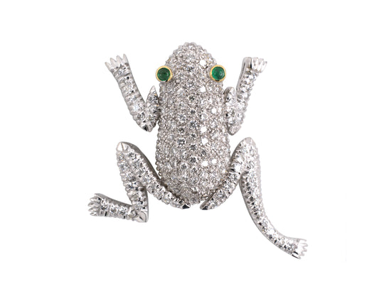 24219 - SOLD - Gold Emerald Diamond Frog Pin