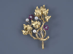 24222 - Circa 1960 White and Yellow Gold Ruby Diamond Pearl Floral Pin