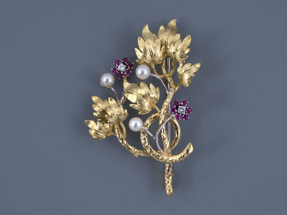 24222 - Circa 1960 Gold Ruby Diamond Pearl Floral Pin