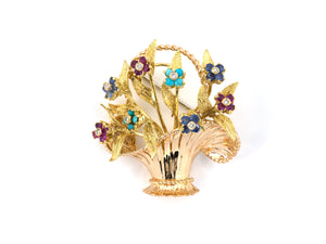 24227 - Circa 1950s Gold Diamond Sapphire Ruby Turquoise Floral Flower Basket Bouquet Pin