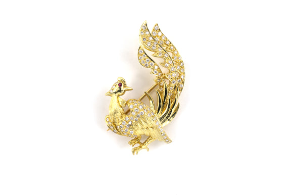 24228 - Gold Diamond Peacock Ruby Peacock Engraved Pin