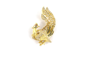 24228 - Gold Diamond Peacock Ruby Peacock Engraved Pin