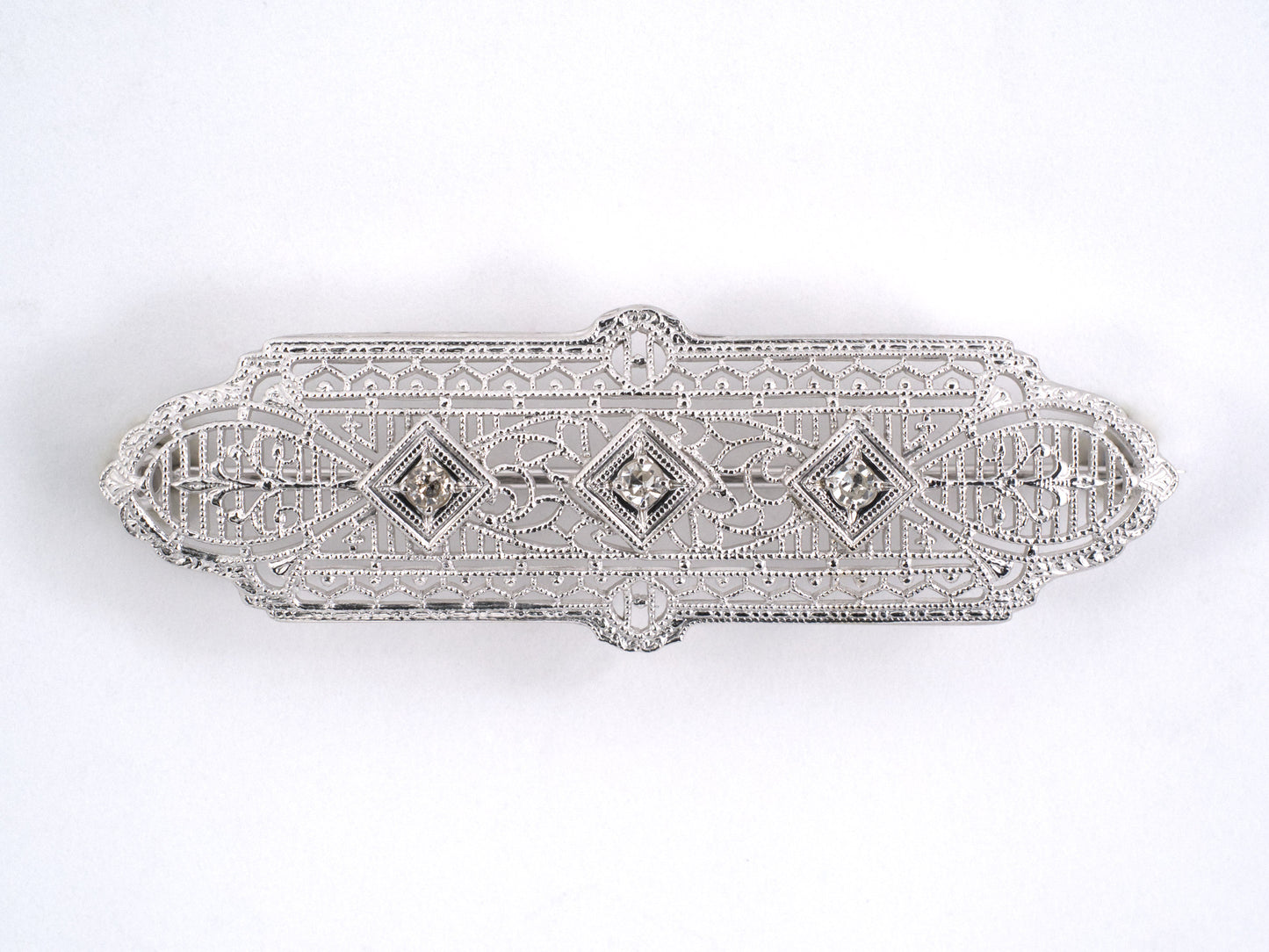 24229 - SOLD - Art Deco Platinum Gold Diamond Stamped Filigree Pin