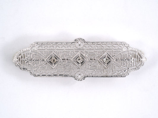 24229 - SOLD - Art Deco Platinum Gold Diamond Stamped Filigree Pin