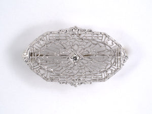 24230 - Art Deco Platinum Gold Diamond Stamped Filigree Pin