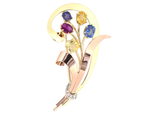 24233 - Retro Cartier Gold Platinum AGL Sapphire  Floral Pin
