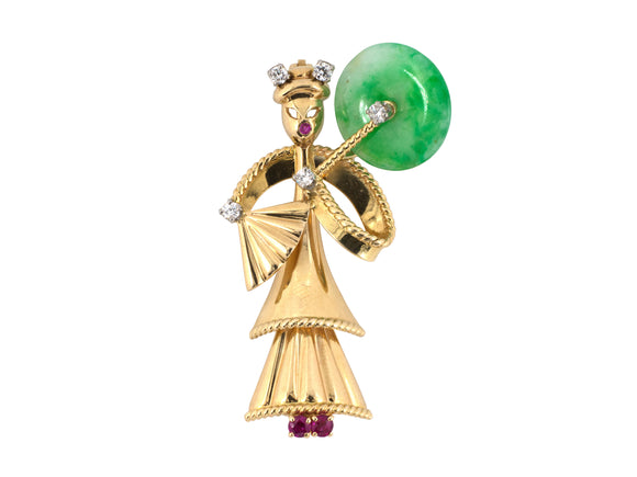 24236 - Circa 1950 Tiffany Gold Platinum Diamond Ruby Jadeite Geisha Pin