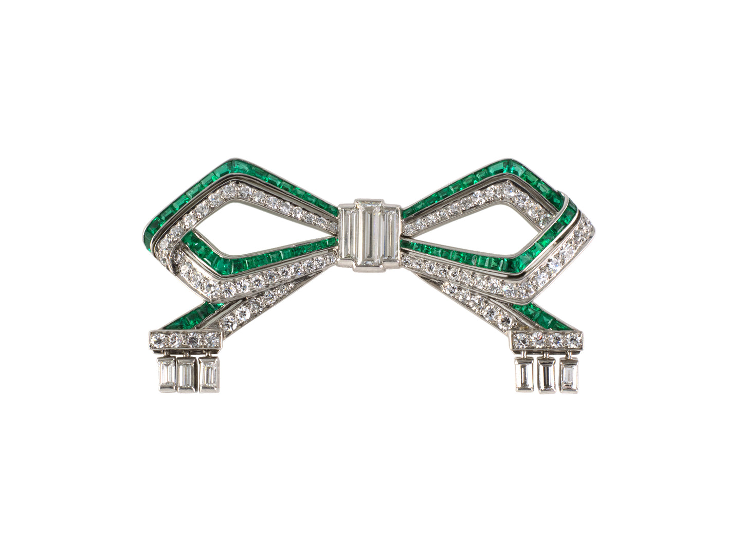 24237 - Art Deco Tiffany Platinum Gold Diamond Emerald Geometric Bow Pin