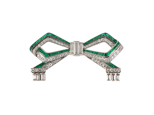 24237 - Art Deco Tiffany Platinum Gold Diamond Emerald Geometric Bow Pin