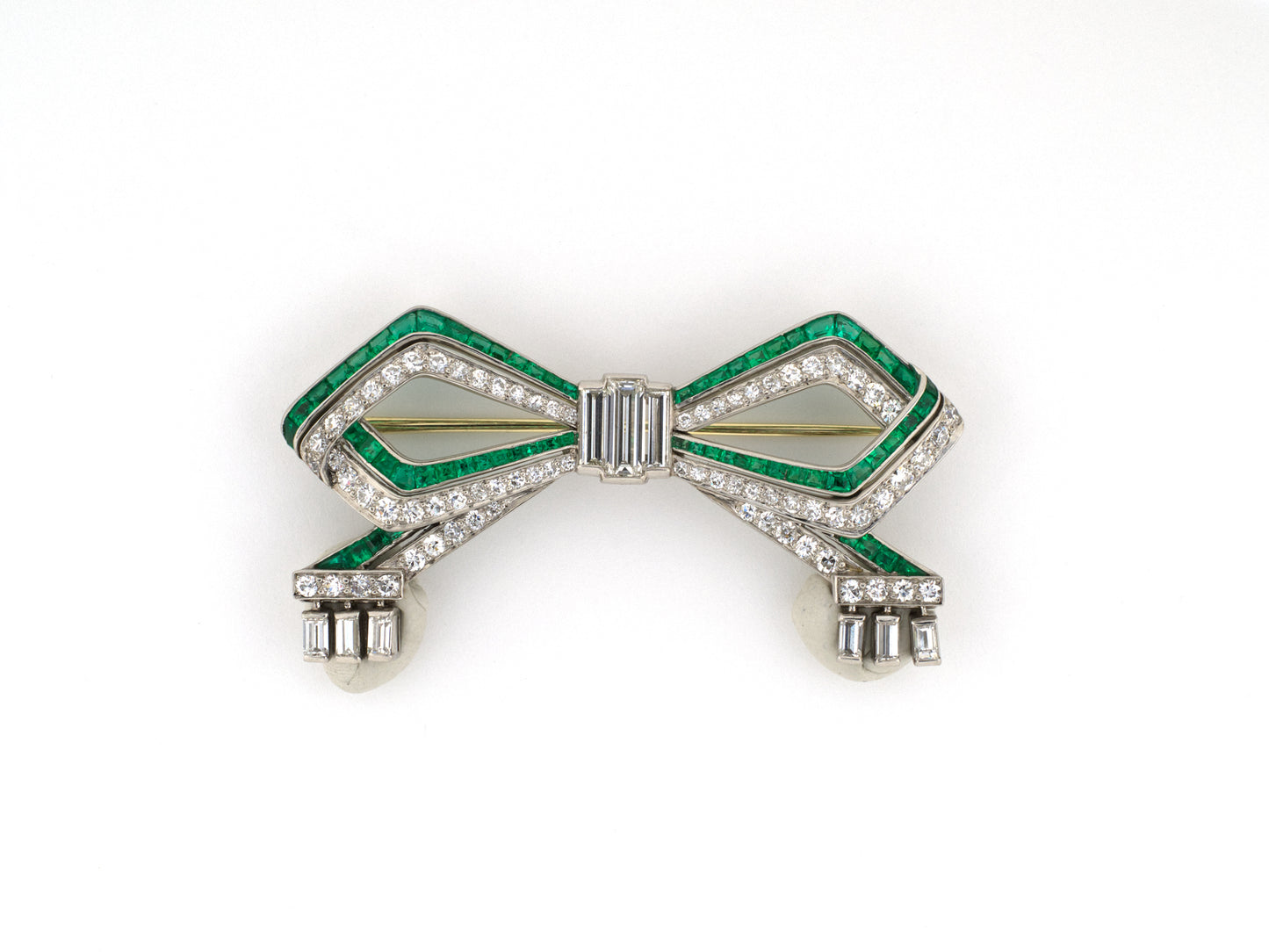 24237 - Art Deco Tiffany Platinum Gold Diamond Emerald Geometric Bow Pin