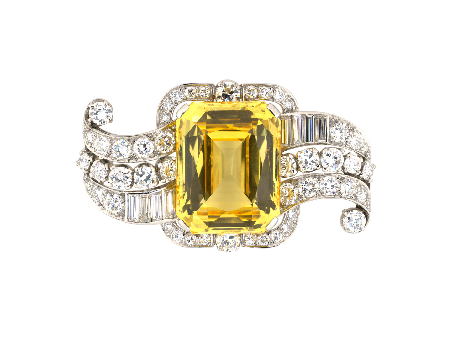 24238 - Circa 1930s Art Deco Tiffany Platinum AGL Yellow Sapphire Diamond Swirl Bow Pin