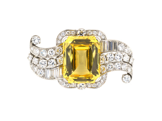 24238 - Circa 1930s Art Deco Tiffany Platinum AGL Yellow Sapphire Diamond Swirl Bow Pin