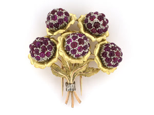 24239 - Circa 1960s Italian Buccellati Gianmaria Gold Silver Ruby Flower Pin