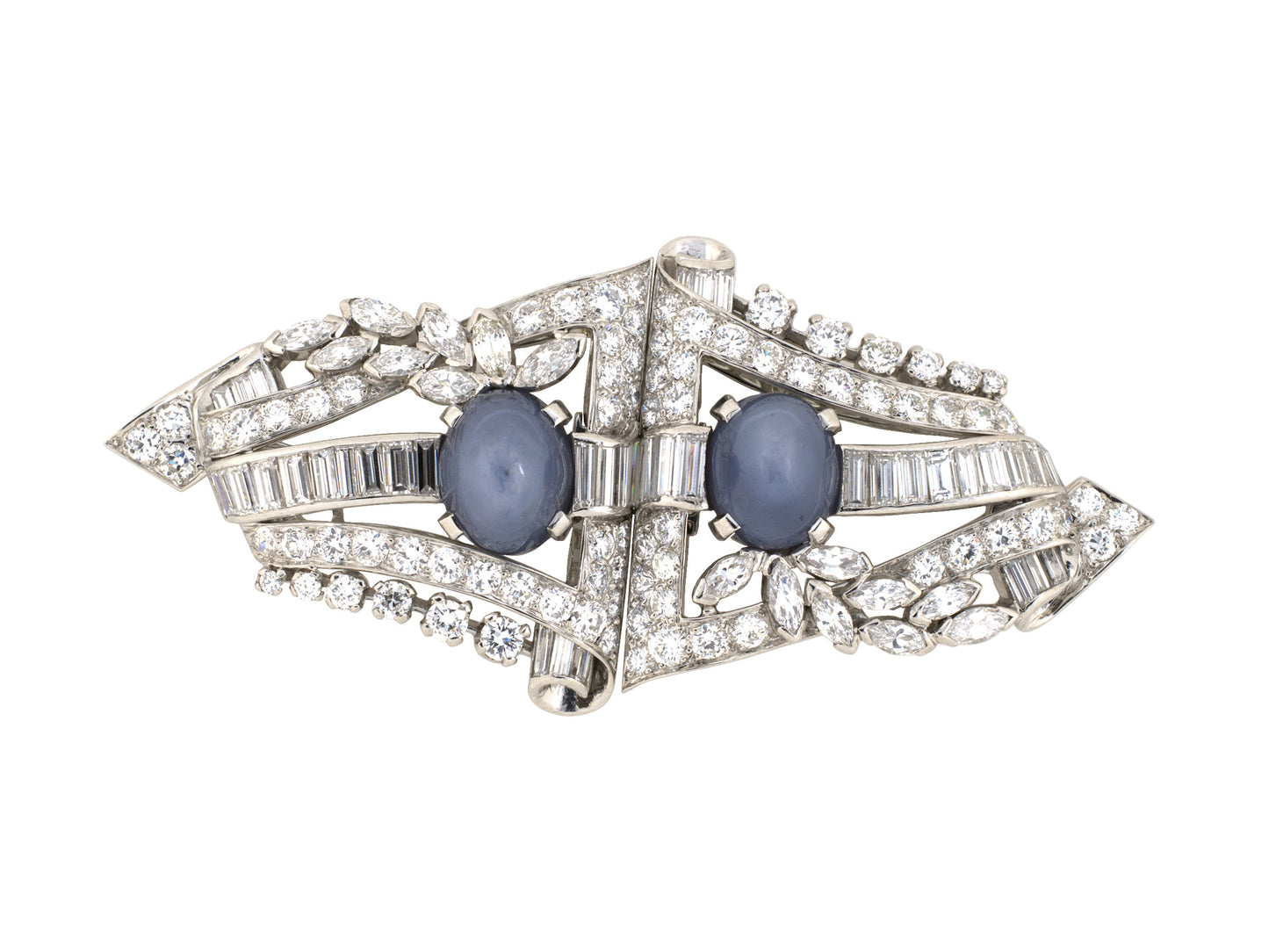 24241 - Art Deco Platinum Star Sapphire Diamond Pin Clips