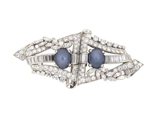 24241 - Art Deco Platinum Star Sapphire Diamond Pin Clips