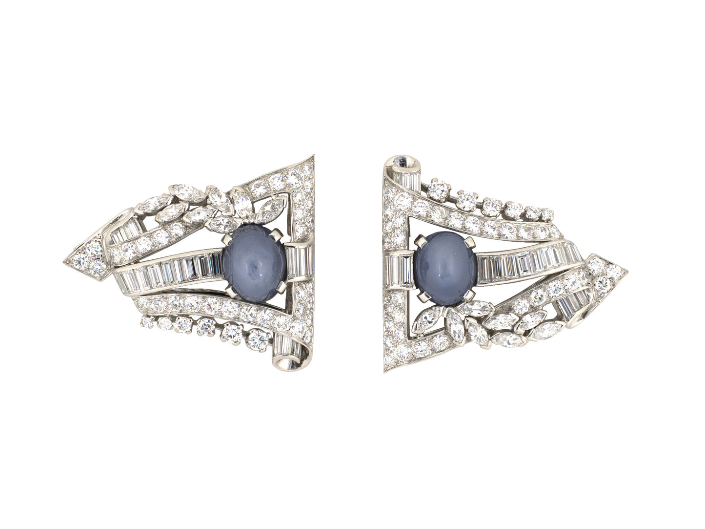 24241 - Art Deco Platinum Star Sapphire Diamond Pin Clips