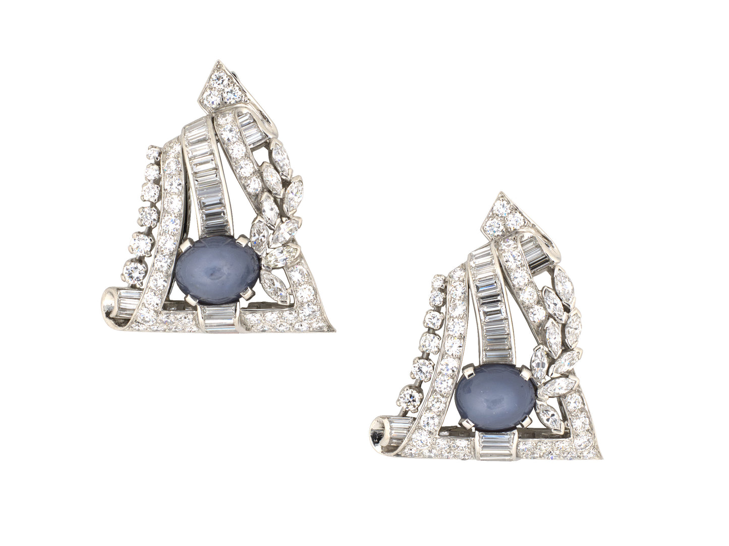 24241 - Art Deco Platinum Star Sapphire Diamond Pin Clips