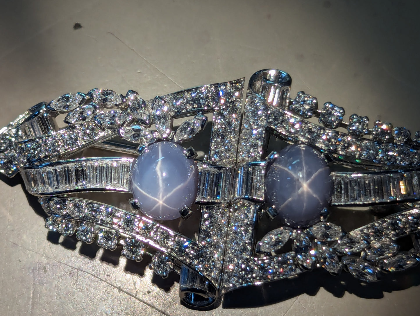 24241 - Art Deco Platinum Star Sapphire Diamond Pin Clips