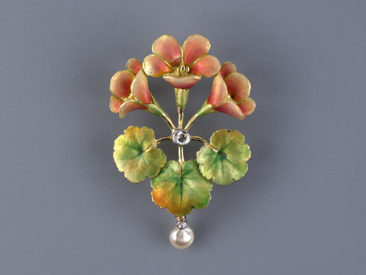 24243 - SOLD - French Art Nouveau Platinum Gold Diamond Pink Green Orange Irridescent Enamel Pearl Floral Pin