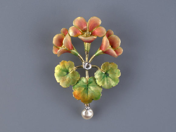 24243 - French Art Nouveau Platinum Gold Diamond Pink Green Orange Irridescent Enamel Pearl Floral Pin