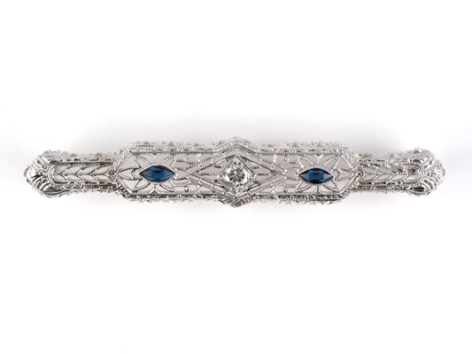 24246 - SOLD - Art Deco Gold Diamond Synthetic Sapphire Bar Pin