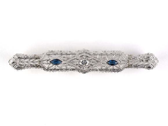 24246 - Art Deco Gold Diamond Synthetic Sapphire Bar Pin