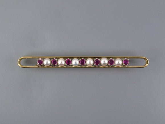 24248 - Gold Ruby Pearl Enlongated Open Bar Pin