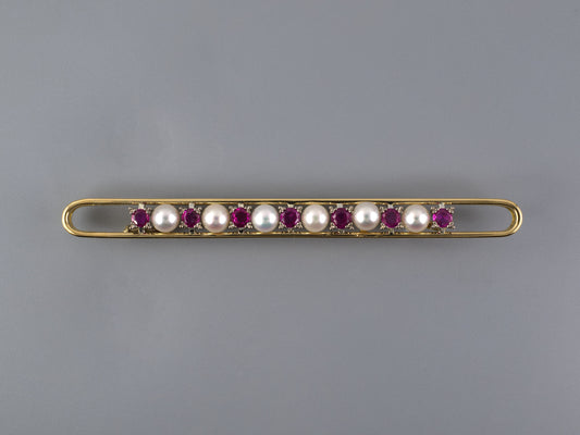 24248 - Gold Ruby Pearl Enlongated Open Bar Pin