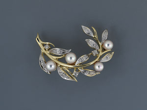 24249 - Gold 2-Tone Diamond Pearl Floral Branch Pin