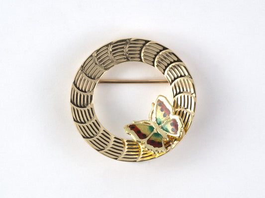 24250 - SOLD - Circa 1960s Gold Enamel Carved Butterfly Circle Pin