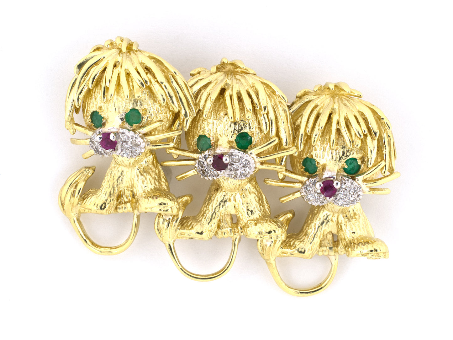 24253 - SOLD - Honora Gold Emerald Ruby Diamond 3-Lion Pin